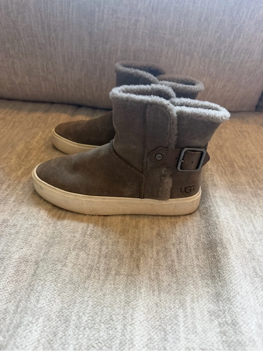 UGG Women's Taupe Suede Shearling Mid-Ankle Booties with Buckle Strap